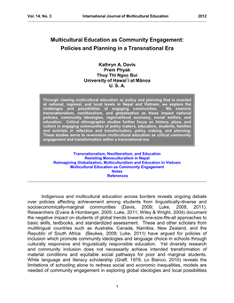 Multicultural Education As Community Engagement: Policies and Planning in a Transnational Era