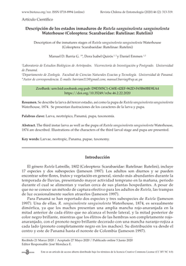 Descripción De Los Estados Inmaduros De Rutela Sanguinolenta Sanguinolenta Waterhouse (Coleoptera: Scarabaeidae: Rutelinae: Rutelini)