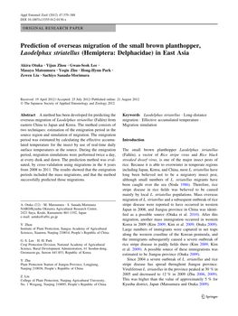 Prediction of Overseas Migration of the Small Brown Planthopper, Laodelphax Striatellus (Hemiptera: Delphacidae) in East Asia