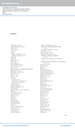 Cambridge University Press 978-1-107-14740-9 — Eurasia at the Dawn of History Edited by Manuel Fernández-Götz , Dirk Krausse Index More Information