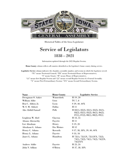 Service of Legislators 1838 – 2021