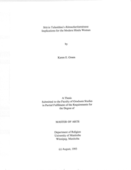 Implications for the Modern Hindu Woman in Partial Fulhlment of the Requirements for MASTER of ARTS University of Manitoba Winni