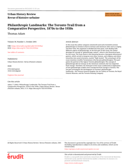 Philanthropic Landmarks: the Toronto Trail from a Comparative Perspective, 1870S to the 1930S Thomas Adam