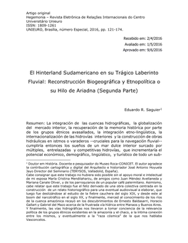 El Hinterland Sudamericano En Su Trágico Laberinto Fluvial: Reconstrucción Biogeográfica Y Etnopolítica O Su Hilo De Ariadna (Segunda Parte)