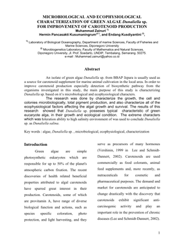 MICROBIOLOGICAL and ECOPHYSIOLOGICAL CHARACTERIZATION of GREEN ALGAE Dunaliella Sp