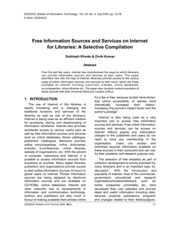 Free Information Sources and Services on Internet for Libraries: a Selective Compilation