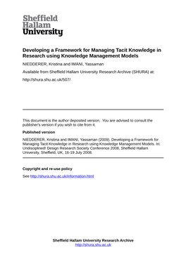 Developing a Framework for Managing Tacit Knowledge in Research Using Knowledge Management Models