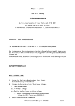 N Iederschrift Über Die 27. Sitzung Der Gemeindevertretung Der Gemeinde