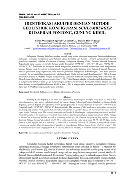 Identifikasi Akuifer Dengan Metode Geolistrik Konfigurasi Schlumberger Di Daerah Ponjong, Gunung Kidul