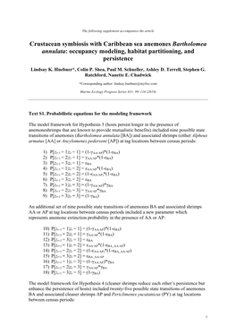 Crustacean Symbiosis with Caribbean Sea Anemones Bartholomea Annulata: Occupancy Modeling, Habitat Partitioning, and Persistence