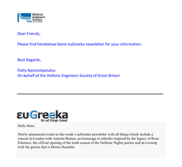 Dear Friends, Please Find Herebelow Latest Eugreeka Newsletter for Your