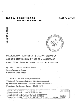 Nasa Tm X-71633 Prediction of Compressor Stall For