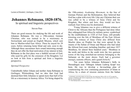 Johannes Rebmann, 1820-1876, Was Called to Be a Witness of Jesus Christ and His in Spiritual and Linguistic Perspectives Kingdom