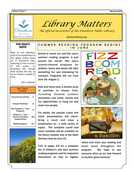 Library Matters the Official Newsletter of the Dearborn Public Library