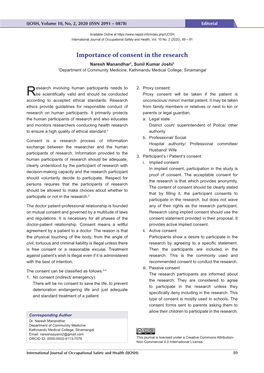 Importance of Consent in the Research Naresh Manandhar1, Sunil Kumar Joshi1 1Department of Community Medicine, Kathmandu Medical College, Sinamangal