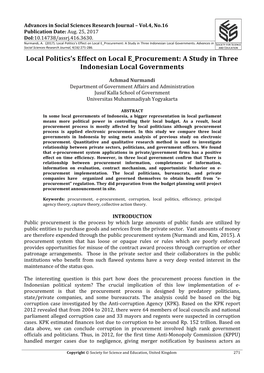 Local Politics's Effect on Local E Procurement: a Study in Three