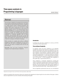 Time-Space Analysis in Programming Languages 109