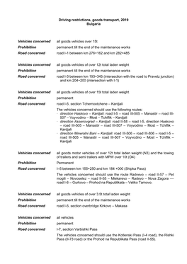 Driving Restrictions, Goods Transport, 2019 Bulgaria Vehicles