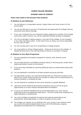 Gower College Swansea Student Code of Conduct