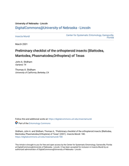 Preliminary Checklist of the Orthopteroid Insects (Blattodea, Mantodea, Phasmatodea,Orthoptera) of Texas