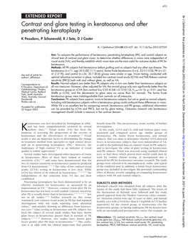 Contrast and Glare Testing in Keratoconus and After Penetrating Keratoplasty K Pesudovs, P Schoneveld, R J Seto, D J Coster