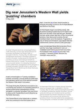 Dig Near Jerusalem's Western Wall Yields 'Puzzling' Chambers 19 May 2020