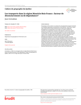 Les Transports Dans La Région Mauricie-Bois-Francs : Facteur De Désenclavement Ou De Dépendance? Jean Cermakian