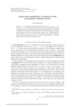 Small-Span Hermitian Matrices Over Quadratic Integer Rings