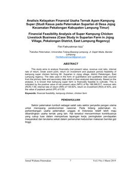 Analisis Kelayakan Finansial Usaha Ternak Ayam Kampung Super (Studi Kasus Pada Peternakan Suparlan Di Desa Jojog Kecamatan Pekalongan Kabupaten Lampung Timur)