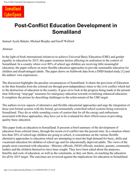 Post-Conflict Education Development in Somaliland