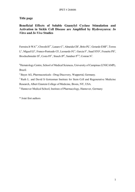 Beneficial Effects of Soluble Guanylyl Cyclase Stimulation and Activation in Sickle Cell Disease Are Amplified by Hydroxyurea: in Vitro and in Vivo Studies