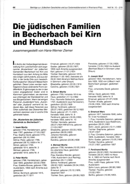 Die Iüdischen Familien in Becherbach Bei Klrn Und Hundsbach Zusammengestellt Von Hans-Werner Ziemer