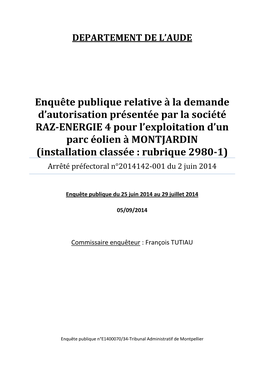 Enquête Publique Relative À La Demande D'autorisation Présentée