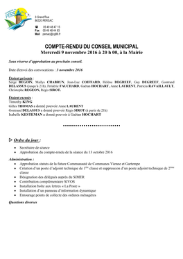 COMPTE-RENDU DU CONSEIL MUNICIPAL Mercredi 9 Novembre 2016 À 20 H 00, À La Mairie