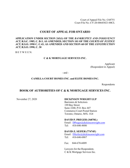 Court of Appeal for Ontario Book of Authorities of C & K