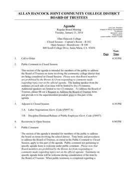 ALLAN HANCOCK JOINT COMMUNITY COLLEGE DISTRICT BOARD of TRUSTEES Agenda