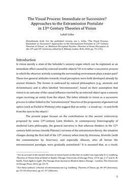 Approaches to the Extramission Postulate in 13Th Century Theories of Vision Lukáš Lička