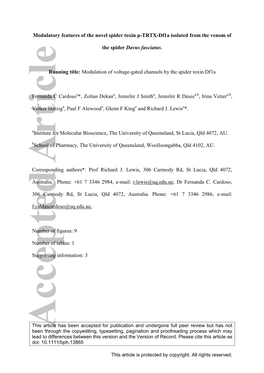 TRTX-Df1a Isolated from the Venom of the Spider Davus Fasciatus