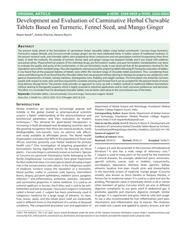 Development and Evaluation of Carminative Herbal Chewable Tablets Based on Turmeric, Fennel Seed, and Mango Ginger Bapan Banik*, Ankita Sharma, Absana Nasrin