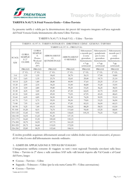 Tariffa 41/7/A Friuli Venezia Giulia Udine-Tarvisio