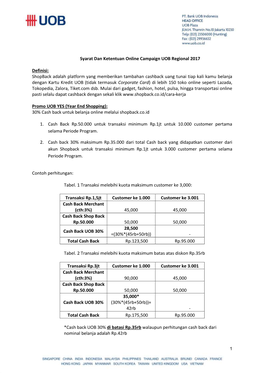 Syarat Dan Ketentuan Online Campaign UOB Regional 2017 Definisi: Shopback Adalah Platform Yang Memberikan Tambahan Cashback Uang