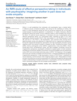 An Fmri Study of Affective Perspective Taking in Individuals with Psychopathy: Imagining Another in Pain Does Not Evoke Empathy