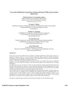 Core Melt Stabilization Concepts for Existing and Future Lwrs and Associated R&D Needs