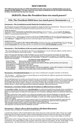 DOCUMENTS DEBATE: Does the President Have Too Much Power?