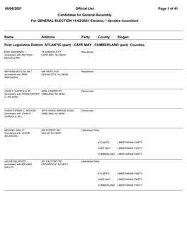 General Assembly for GENERAL ELECTION 11/02/2021 Election, * Denotes Incumbent