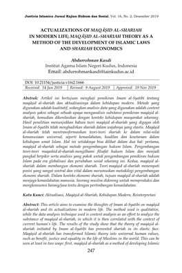 Actualizations of Maqāşid Al-Shariah in Modern Life; Maqāşid Al-Shariah Theory As a Method of the Development of Islamic Laws and Shariah Economics