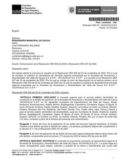 20200120152471* Para Contestar Cite: Radicado CRA N°: 20200120152471 Fecha: 16-12-2020 Bogotá