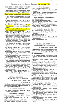 Supplement to the London Gazette, Ist January 1962 Central Chancery of the Orders of Knighthood