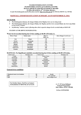 RAINFALL and RIVER SITUATION SUMMARY AS on SEPTEMBER 23, 2014. OUTLOOK Water Level Recorded During Last 24 Hrs Ending at 06:00 A