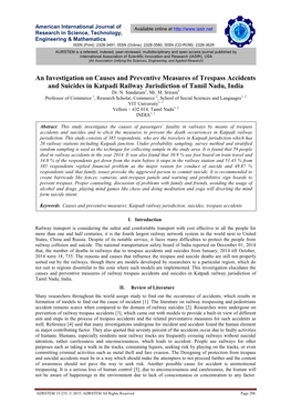 An Investigation on Causes and Preventive Measures of Trespass Accidents and Suicides in Katpadi Railway Jurisdiction of Tamil Nadu, India Dr